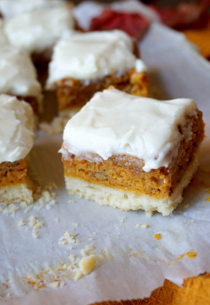 Pumpkin Squares for Thanksgiving Dessert ; A shortbread base, pumpkin pie filling and cream cheese icing!