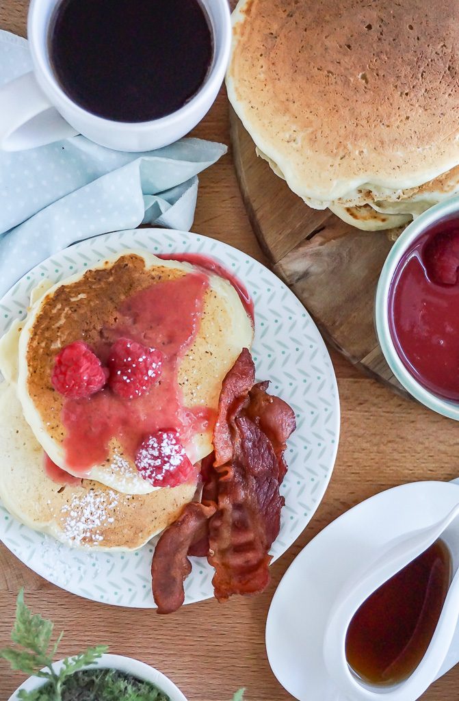 Light & Fluffy Ricotta Pancakes with Raspberry Sauce