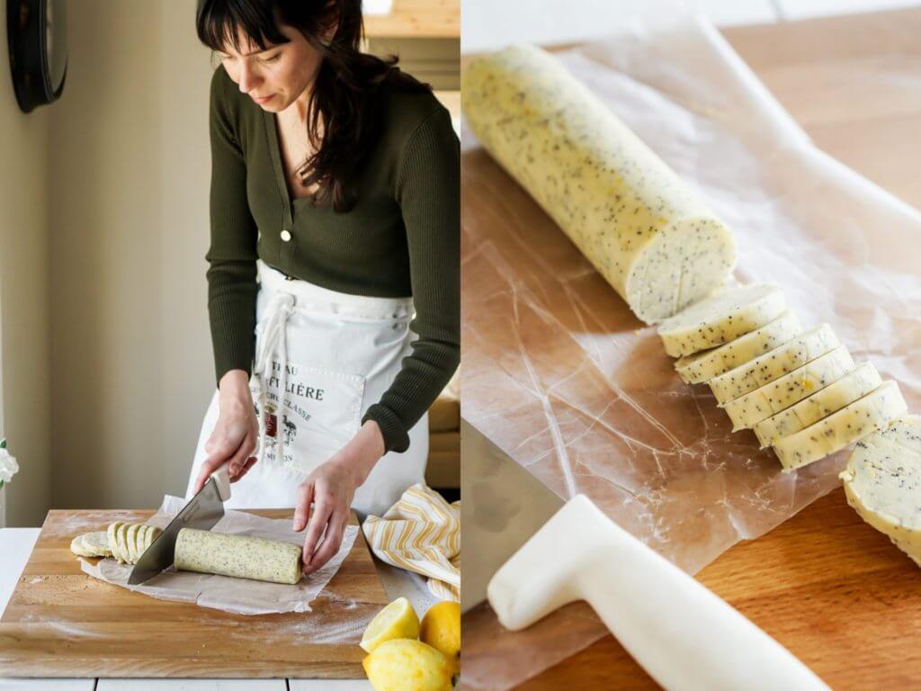 letting dough firm up in the fridge, once firm, slice into 1/2 inch thick slices to make lemon poppy seed cookies