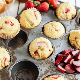 Strawberry Rhubarb Corn Muffins with Brown Butter