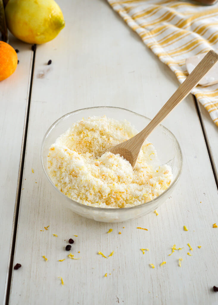 Incorporating citrus zest into sugar for Hot Cross Muffins